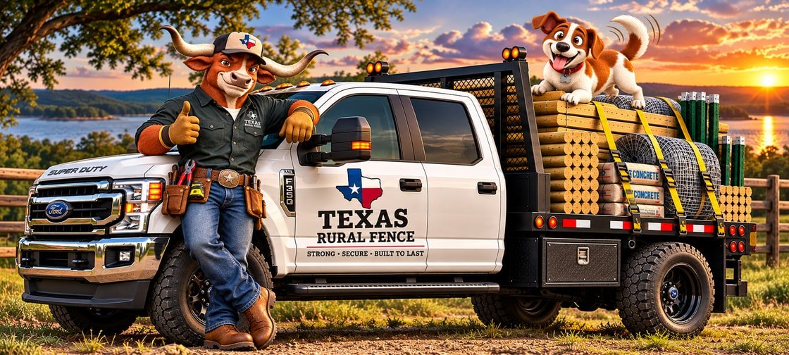 The Texas Rural Fence longhorn mascot giving a thumbs-up beside a flatbed work truck loaded with posts, wire and concrete, with a puppy on the load and Lake Livingston behind