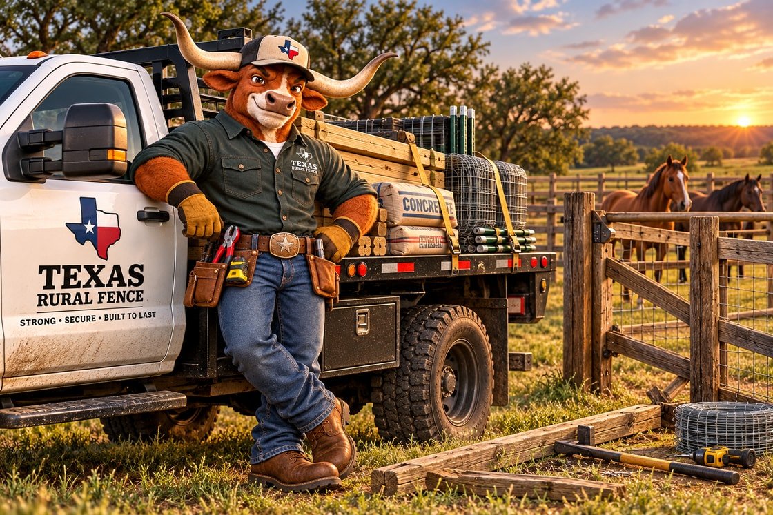 The Texas Rural Fence longhorn mascot leaning on the loaded work truck beside a horse pasture at sunset