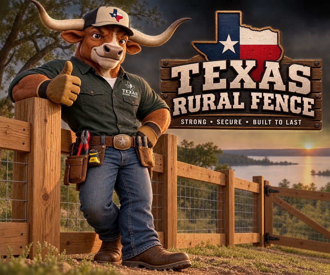 The Texas Rural Fence longhorn mascot beside the company sign at sunset over Lake Livingston