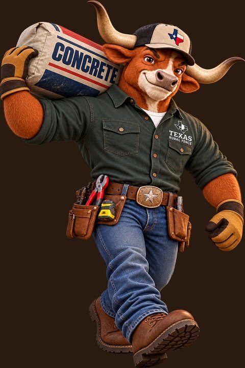 The Texas Rural Fence longhorn mascot carrying a bag of concrete