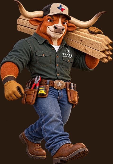 The Texas Rural Fence longhorn mascot carrying a stack of wood pickets