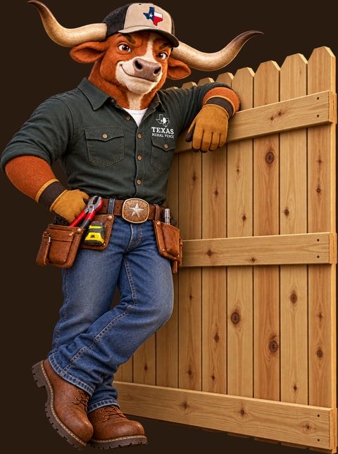 The Texas Rural Fence longhorn mascot leaning on a wood privacy fence