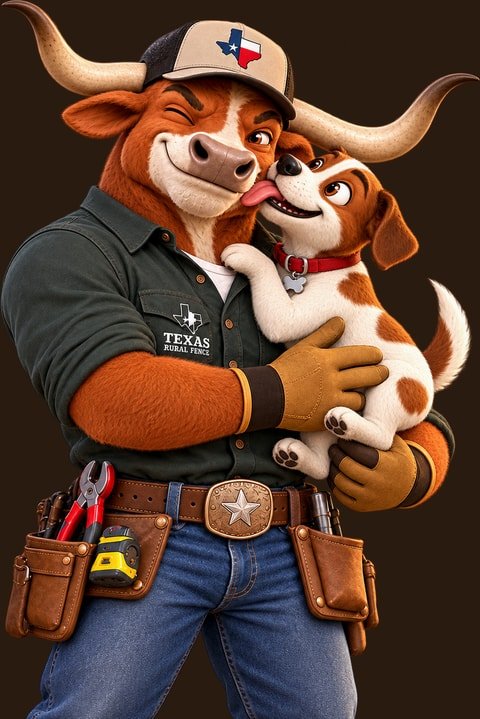 The Texas Rural Fence longhorn mascot with the company puppy