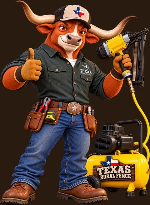 The Texas Rural Fence longhorn mascot holding a nail gun