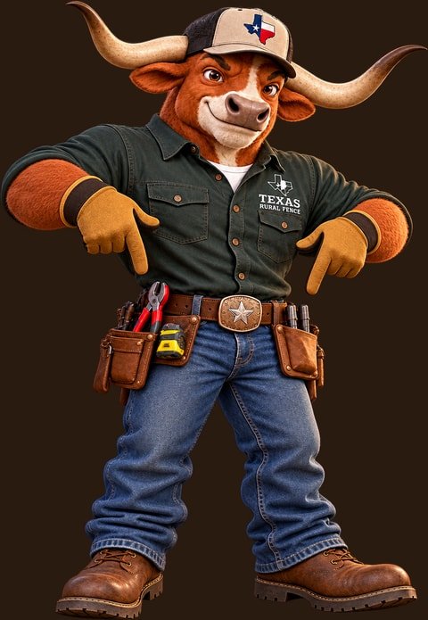 The Texas Rural Fence longhorn mascot pointing downward