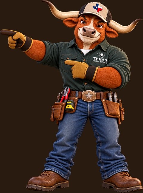 The Texas Rural Fence longhorn mascot pointing to the left