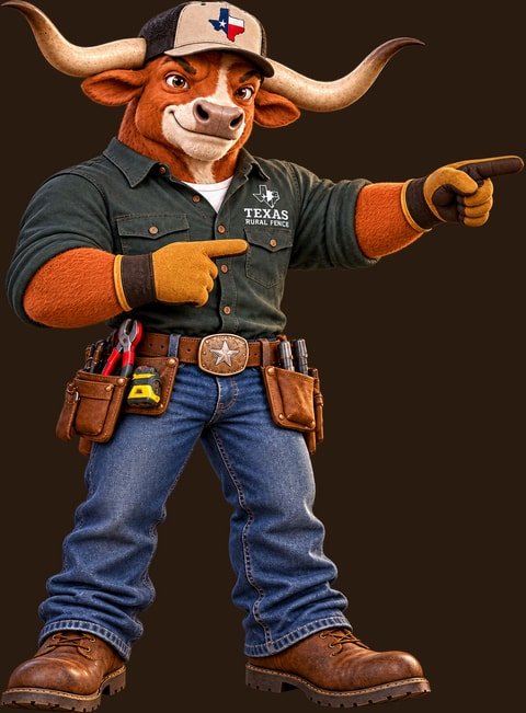 The Texas Rural Fence longhorn mascot pointing to the right