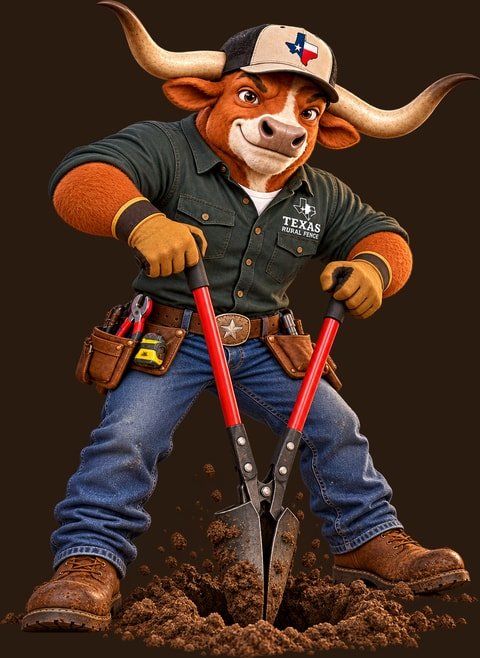 The Texas Rural Fence longhorn mascot holding post hole diggers