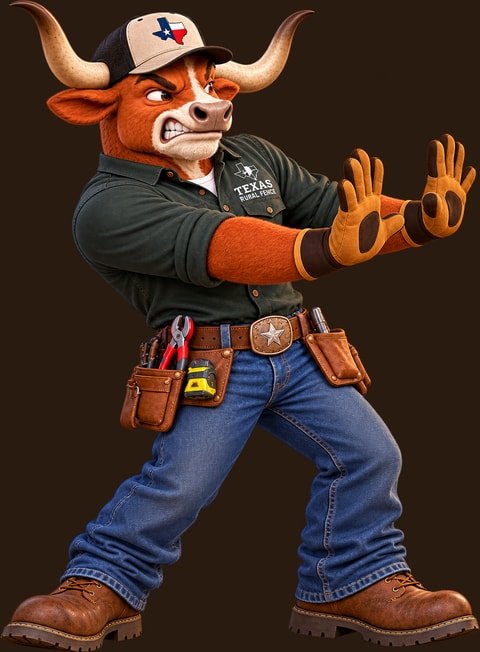 The Texas Rural Fence longhorn mascot recoiling