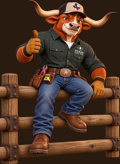 The Texas Rural Fence longhorn mascot sitting on a corral fence