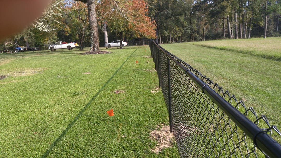 Black chain link fence along a large wooded lot
