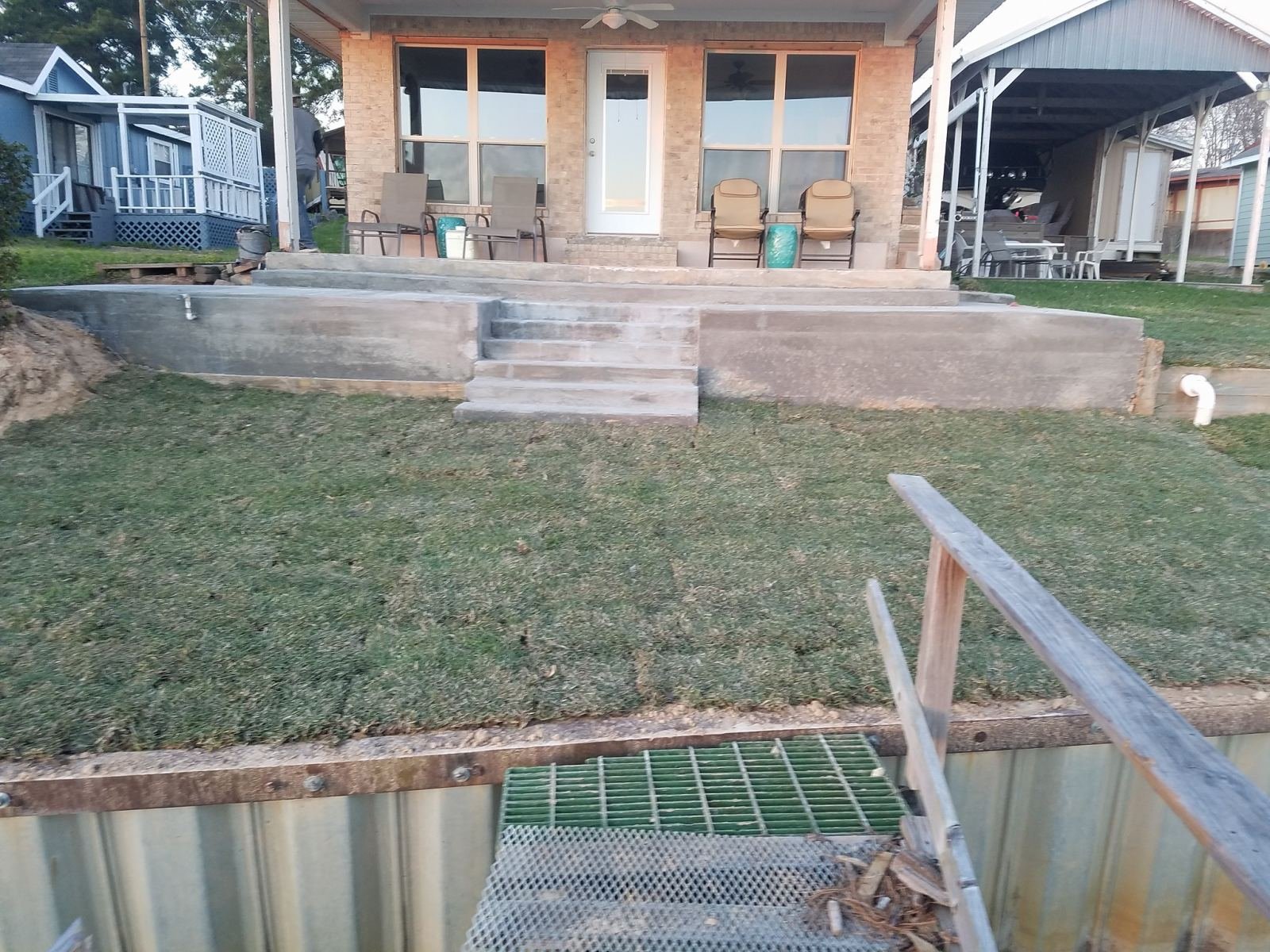 Deck and patio foundation construction near the lake